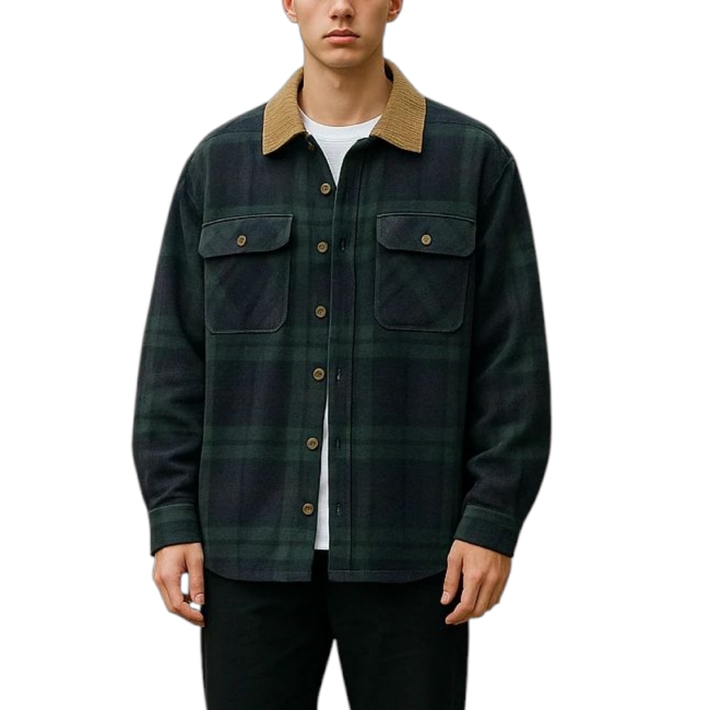 Vintage Fleece Shirt Jacket with Contrasting Corduroy Collar - Classic Workwear